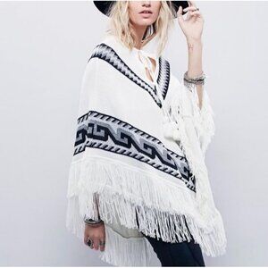 Free People North County Ribbed Knit Poncho Tassel Closure Popover Fringe White